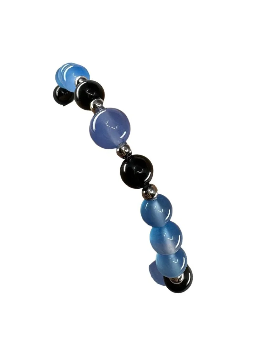 Blue Agate Black Obsidian Beaded Stretch Bracelet 6.75